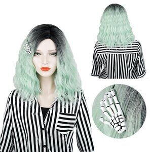 Cosplay Synthetic Hair Lace Wig Body Wavy Black to Green Ombre w/ Skull Clip